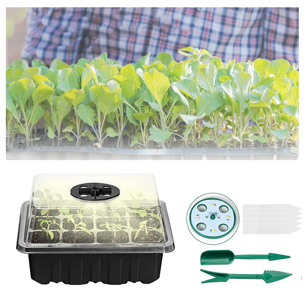 Vassoi per Propagatore di Semi, 5 Pezzi Vassoio di Avviamento per Piantine con Coperchio, Mini Serra Germinazione Riscaldata, umidità Regolabile, con Luci a LED, 5 Etichette,2 Strumenti(Color:Nero)