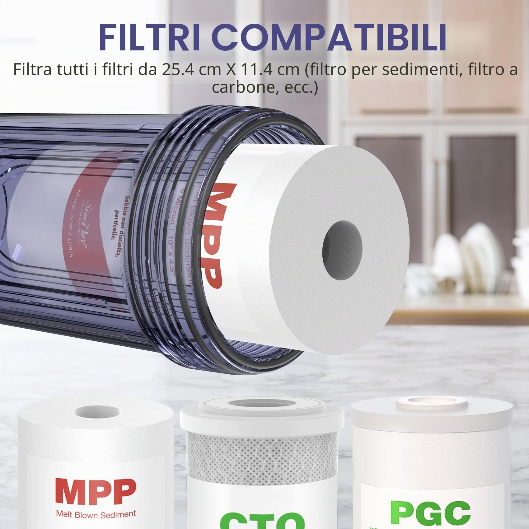 SimPure DB10C Filtro per l'acqua 10"x4,5", Sistema di Filtraggio dell'Acqua per Tutta la Casa con Supporto e Chiave, Porta di Ingresso/Uscita in Ottone da 1" BSP