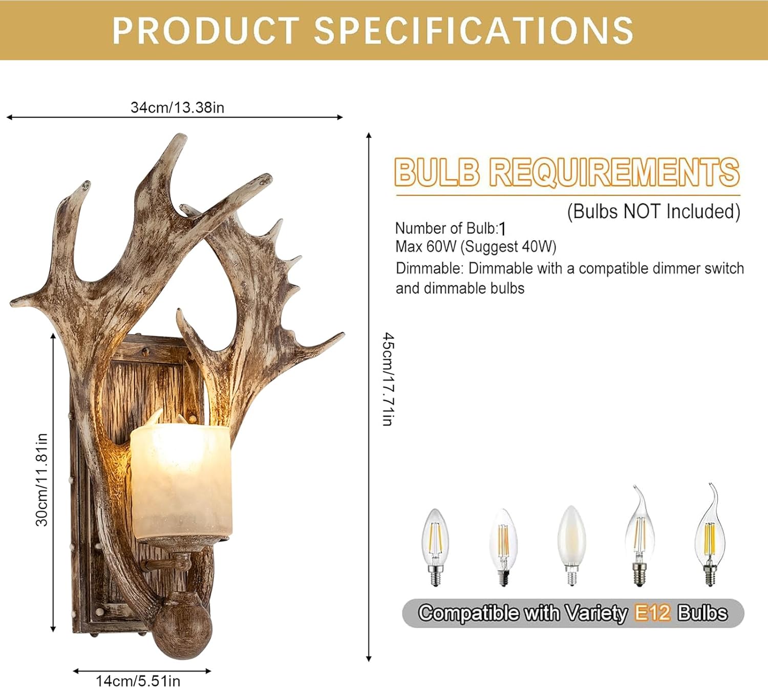 Indoor Antler Wall Sconce with Frosted Resin Lampshade, Rustic Faux Resin Antler Wall Mount Light Fixtures for Bedroom Bathroom Hallway Entrance Retro Wall Decor, E12 Base