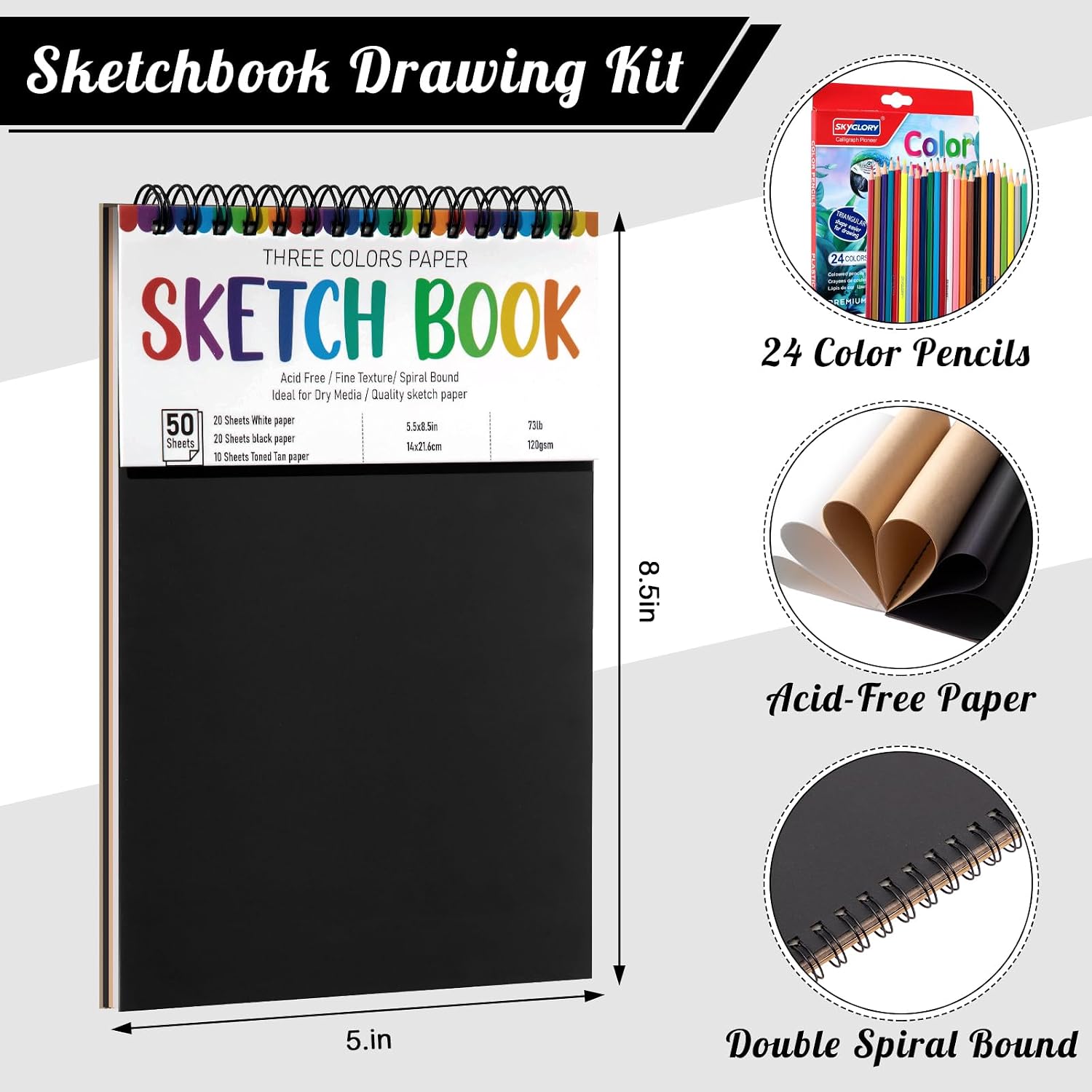Drawing Sketchbook Kit, A5 Sketch Book with 24 Color Pencils, Three Color Black Sketch Pad, Acid-Free Sketch Pad for Kids, Artist, Art Paper Drawing Supplies for Gifts (5.8×8.3 inch)