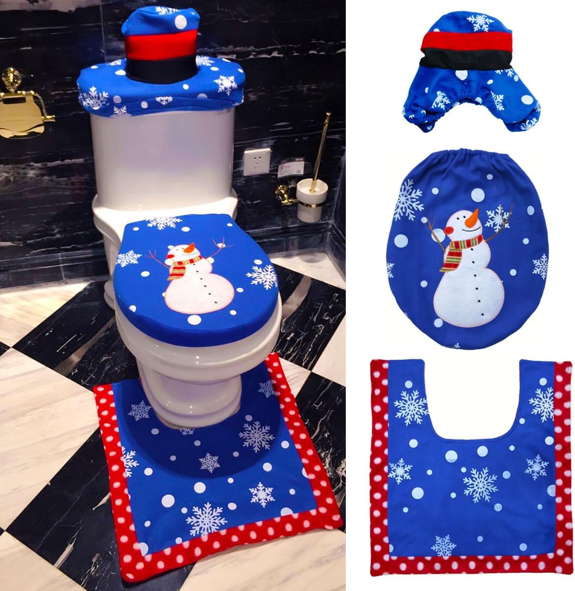 FLT 3 Pcs Toilet Lid Seat Tank Covers Set Christmas Decoration Bathroom Rug Set