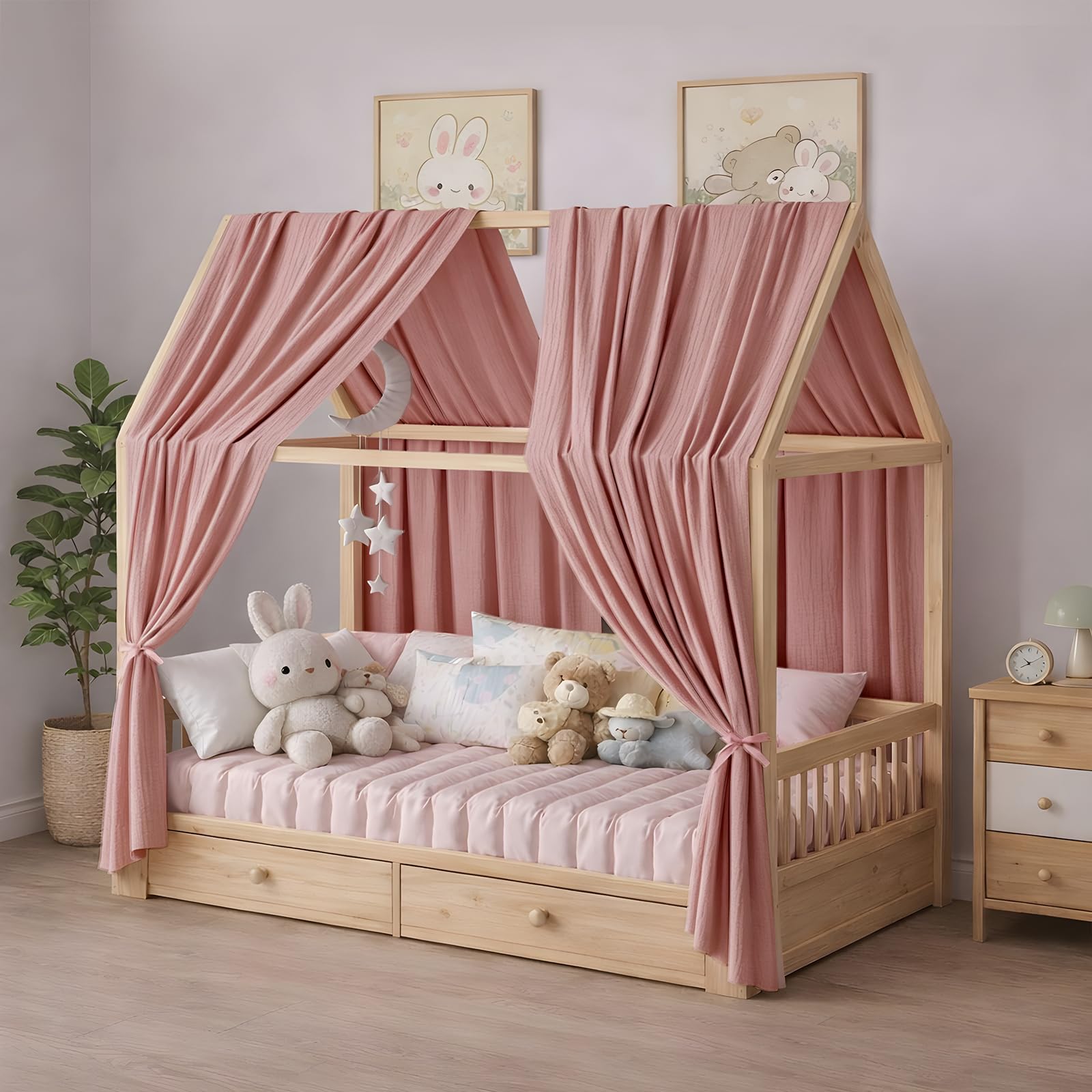 Baldaquin de lit Style Cottage, Ensemble de 2 pièces, Fait Main en Tissu 100% Pur Coton, baldaquin décoratif de lit Style Cottage, Unisexe. (Rose rétro, Lot de 2, 65 X 270 cm)