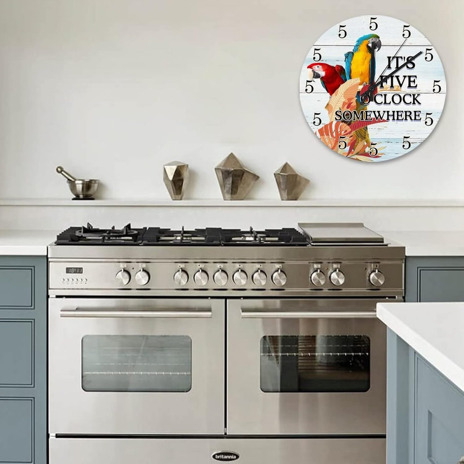 It's 5 O'Clock Somewhere Parrot Wall Clock 15 Inch Tiki Decor for Outside Patio Desk Clock Battery Operated Silent Non-Ticking Round Clock for Living Room Office