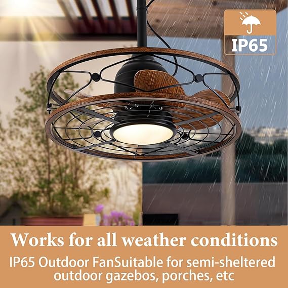 KZT Plafondventilator, IP65, voor buiten, waterdicht, plafondventilator met verlichting en afstandsbediening, ventilator, kooiplafondlamp, retro, stil, plafondlamp voor slaapkamer, woonkamer, eetkamer photo 2