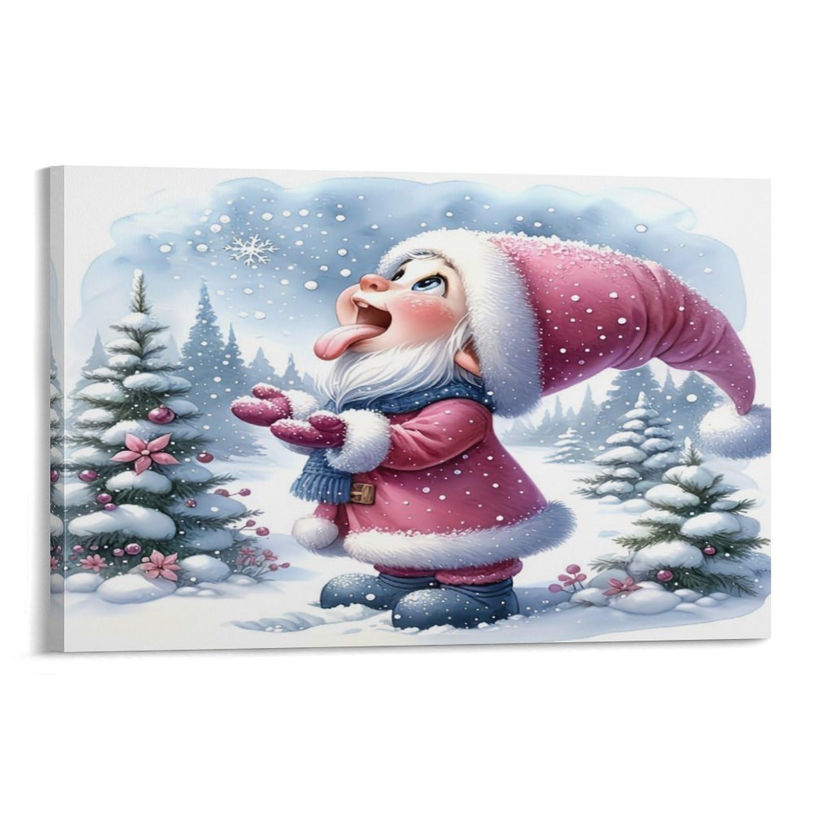 CPLVKWRQJ Snowy Christmas Elf Single Piece Cute Pink Gnome Catching Falling Snowflakes Canvas Wall Hanging - Kitchen Removable Wall Art Focal Point Ready to Hang 20x30inch(50x75cm)