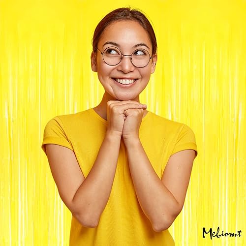 Miniatura 5 de Paquete de 4 cortinas de flecos amarillas como telón de fondo, 3.2 pies x 8.2 pies de serpentinas de flecos de papel metálico de oropel como fondo