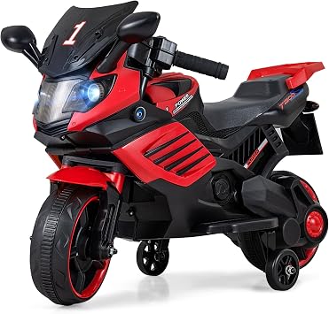 Costzon Kids Motorcycle, 6V Electric Motorbike with Detachable Training Wheels, Battery Powered Toddler Motorcycle Ride On Toy with Horn, LED Headlights & Music, Gift for Boys Girls Aged 3+ Deep Red