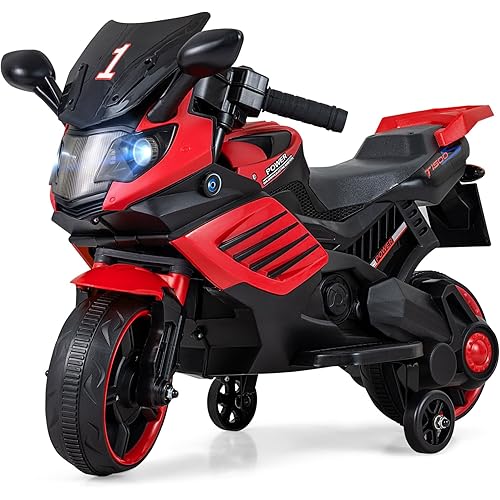 Costzon Kids Motorcycle, 6V Electric Motorbike with Detachable Training Wheels, Battery Powered Toddler Motorcycle Ride On Toy with Horn, LED Headlights & Music, Gift for Boys Girls Aged 3+ (Deep Red)
