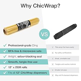ChicWrap Professional Plastic Wrap Refill Rolls - 2 Pack, 12 x 250\' BPA-Free Clear Wrap - Microwave Safe, Air-Tight Seal for Food Preservation - Ideal for ChicWrap Dispensers, Food Storage & Wrapping