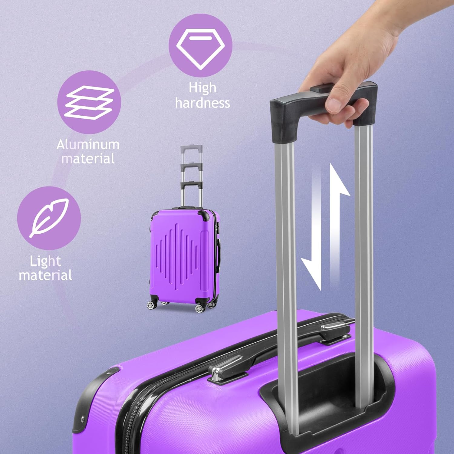 Karl home Luggage Set 3 Piece Suitcase Sets with TSA Lock Moulded Corner 4 Spinner Wheels, ABS Hardside Trolley Travel Case for Carry On Check-in Business Trip, Light Purple 20" 24" 28"