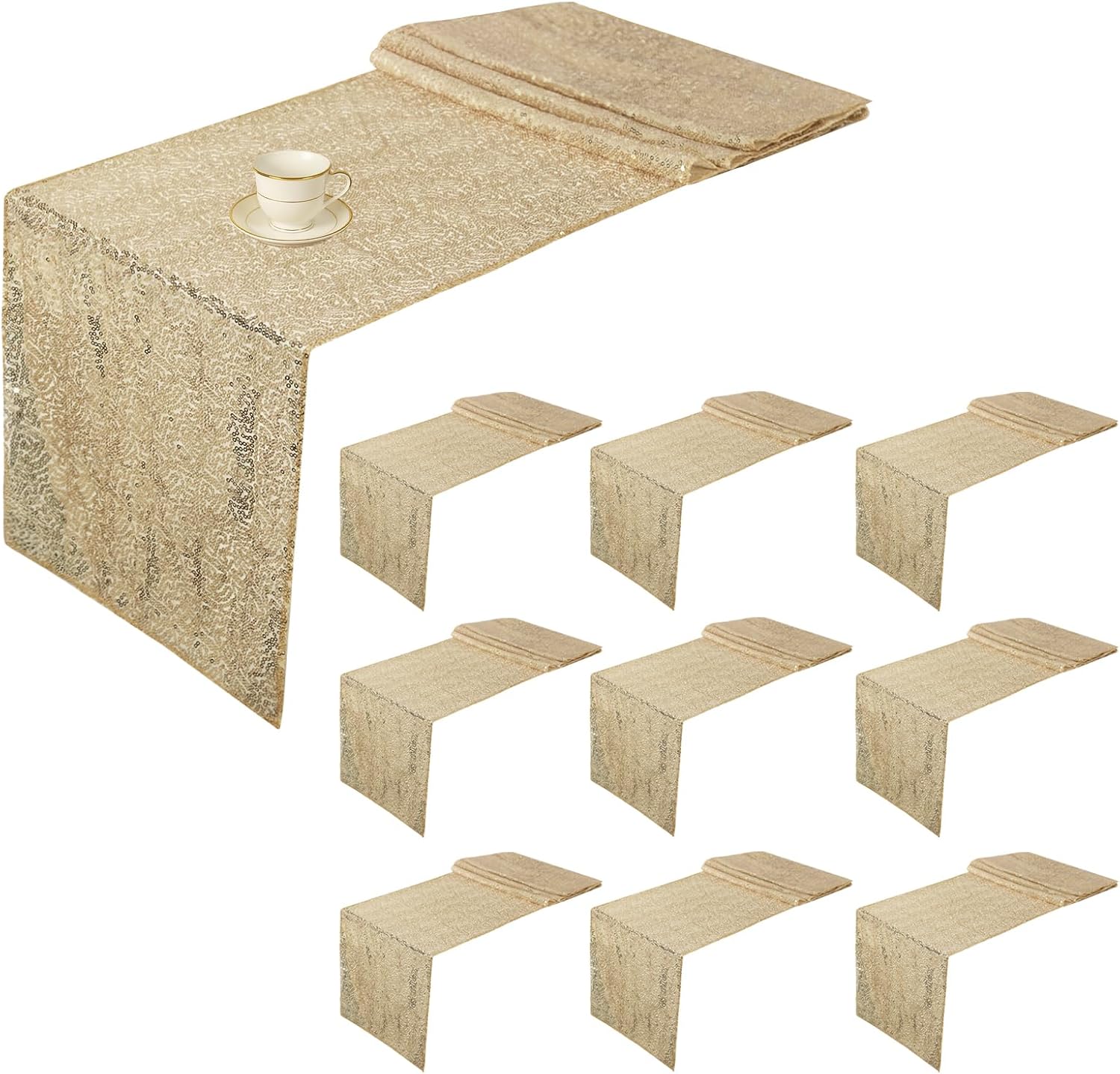 10 Packs Champagne Glitter Sequin Table Runners- 12"x72" for Birthday, Wedding, Pre-Wedding Party, Celebration, Festival Decoration