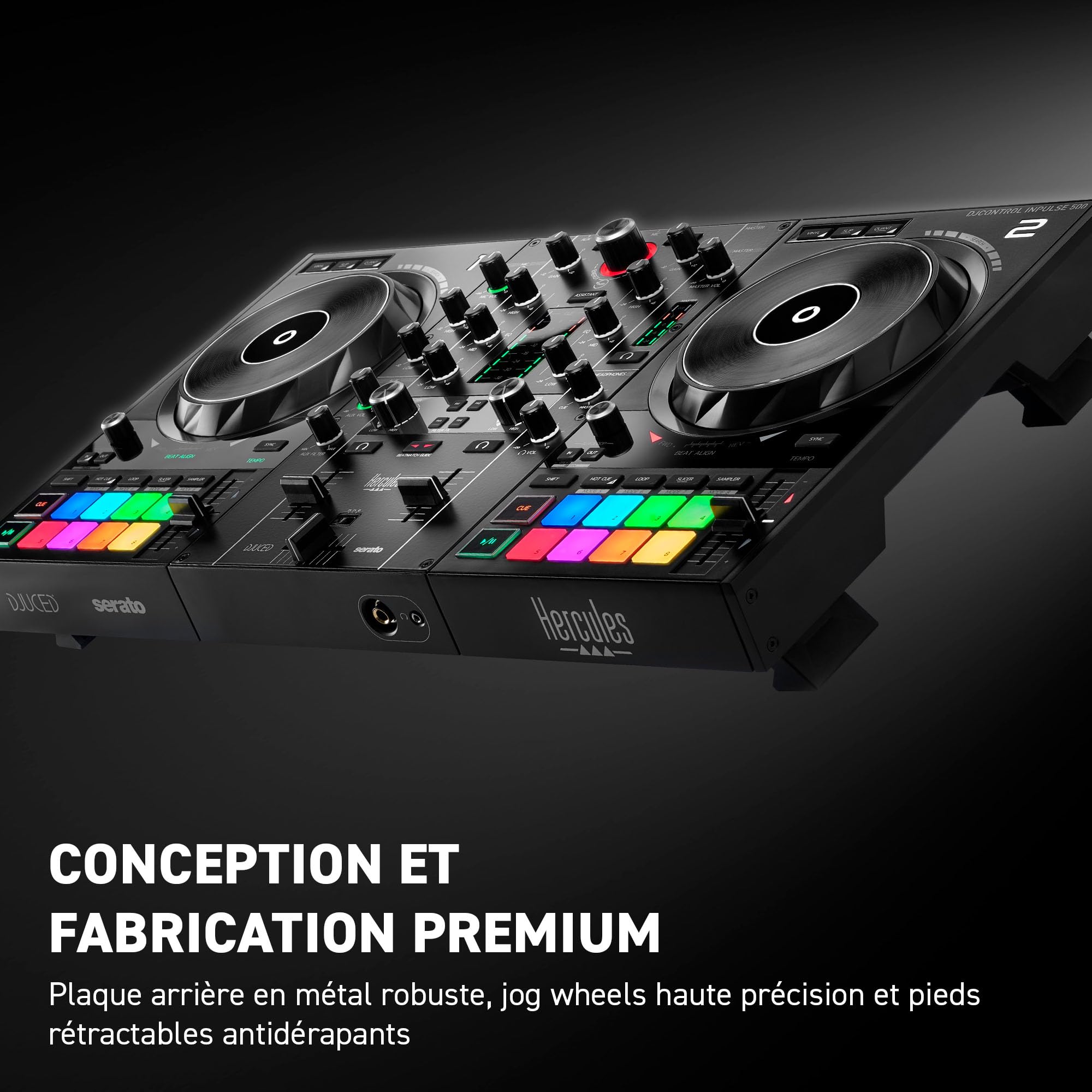 Hercules DJControl Inpulse 500 – Contrôleur DJ USB Professionnel – Serato DJ Lite & DJUCED Inclus – Pieds Rétractables & Plateau Métal – Guide de Mix Lumineux – Entrées Micro & Auxiliaire – Noir