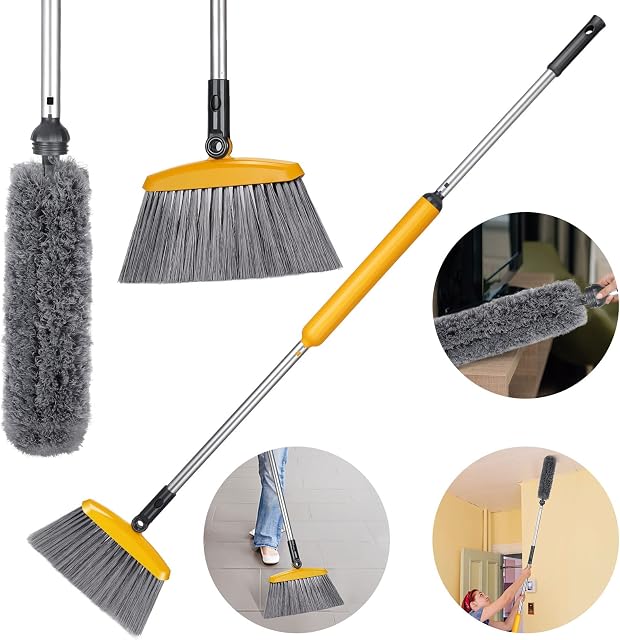 MASTERTOP Indoor Sweeping Broom, Long Handle Broom with 180° Rotatable Head and Microfiber Feather Duster, Duster Brush Set for Cleaning Home Kitchen Room Office Lobby