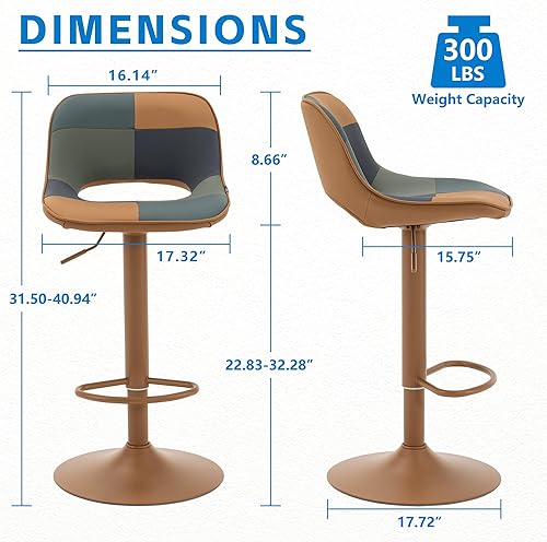 Miniatura 2 de YOUNIKE Juego de 2 taburetes de bar bohemios coloridos de retazos, taburete de bar giratorio ajustable de altura de mostrador, taburete de bar