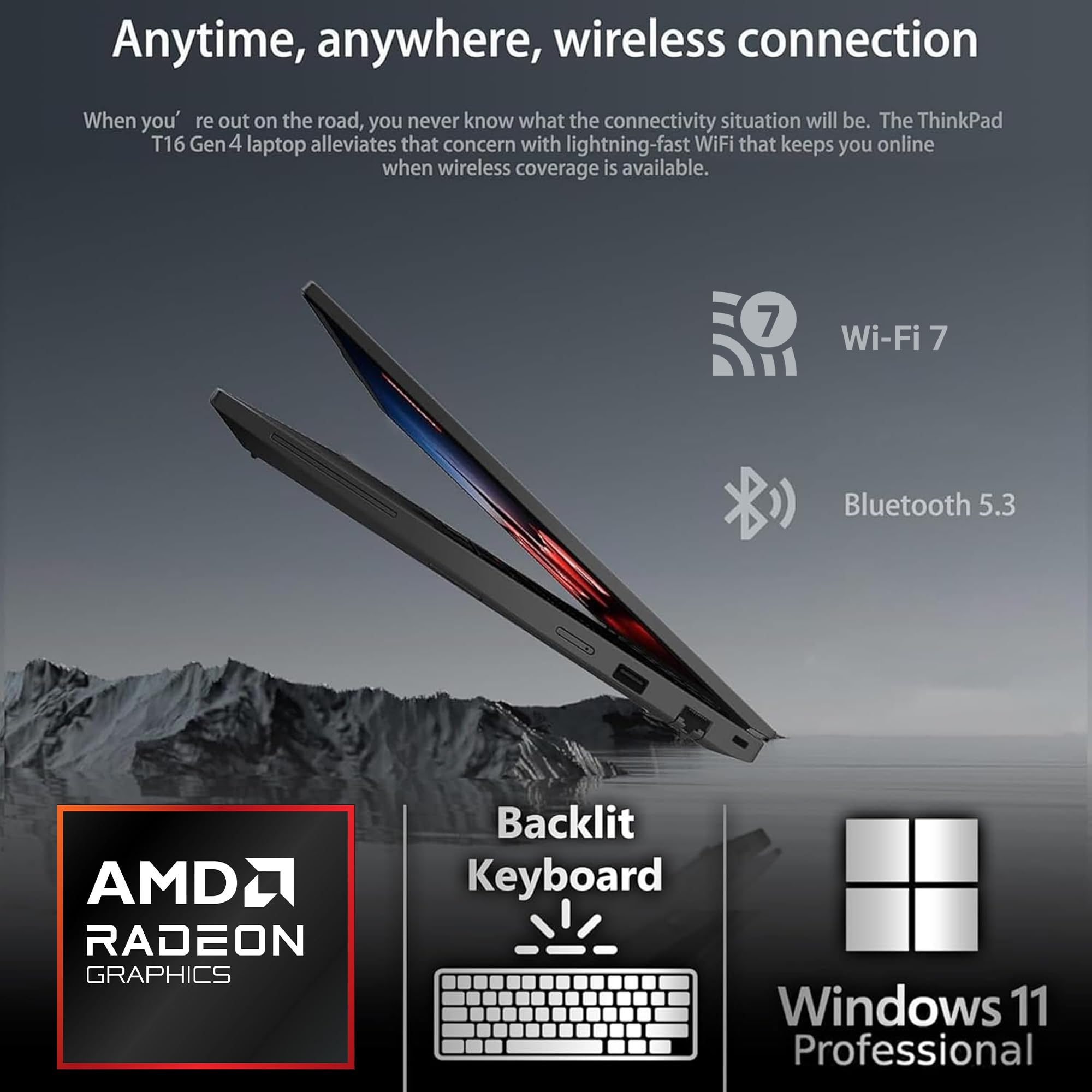 Lenovo ThinkPad T16 Gen 4 Business Laptop 16" FHD+ Display, AMD Ryzen 7 AI Pro 350, 16GB DDR5 RAM, 512GB SSD, 5MP Webcam, impronte digitali, retroilluminato KB, WiFi 7 + BT, RJ-45, Win 11 Pro - Nero