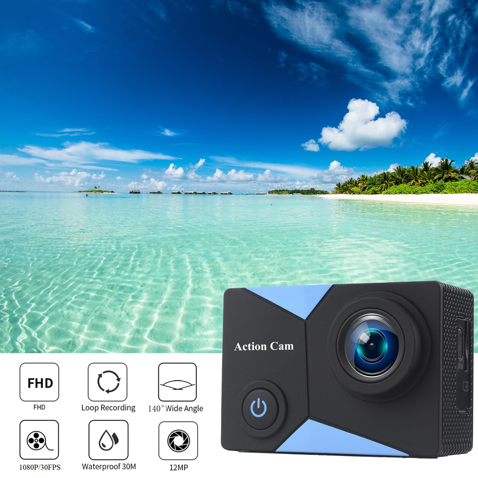 Action Cam1080P mit 16GB Speicherkarte, Unterwasserkamera wasserdicht bis 30M, Actionkamera mit 2×900 mAh wiederaufladbare Akkus und Zubehör-Set