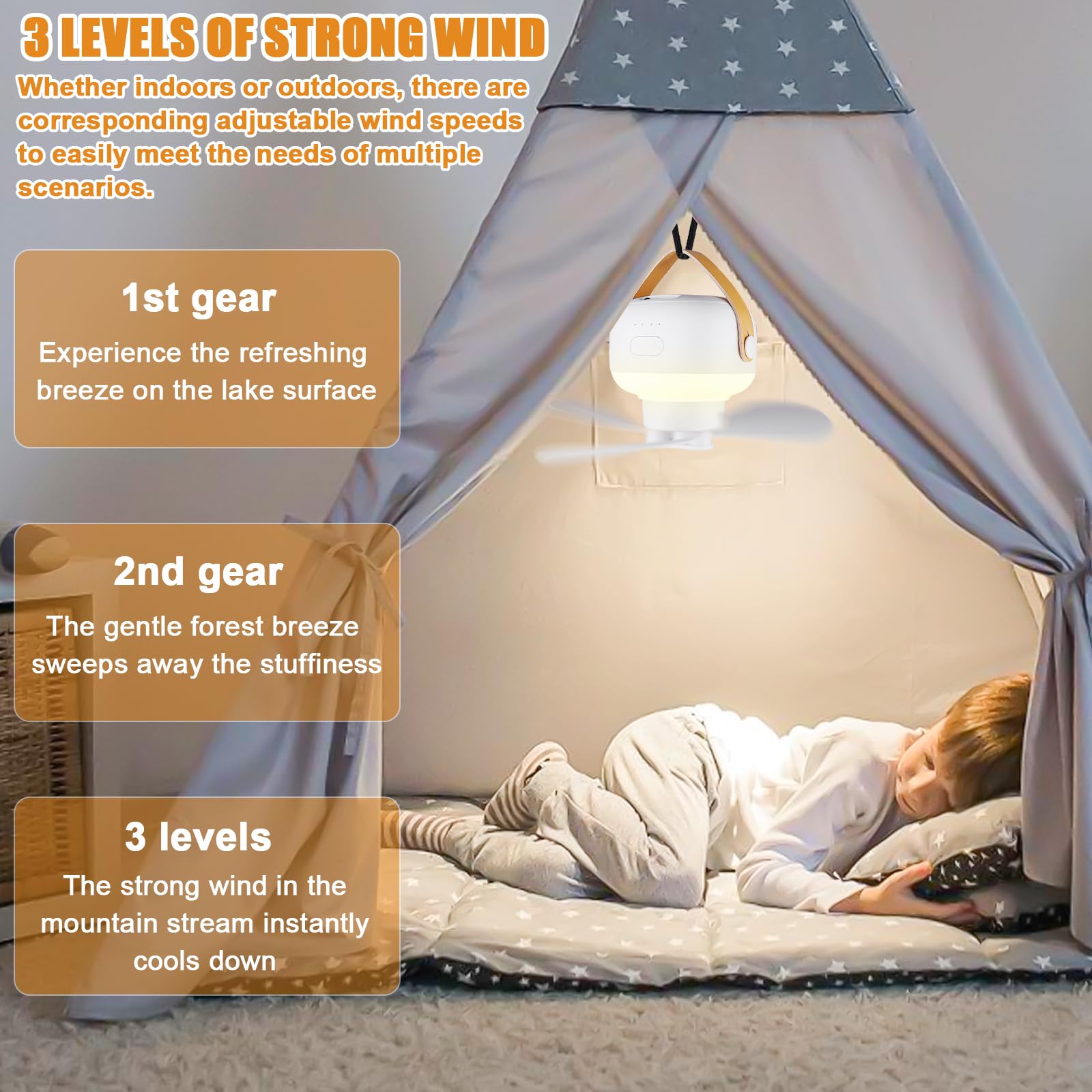Camping Ventilator Mit LED Licht - USB-aufladbar, 8 Produktbild-Vorschau 2