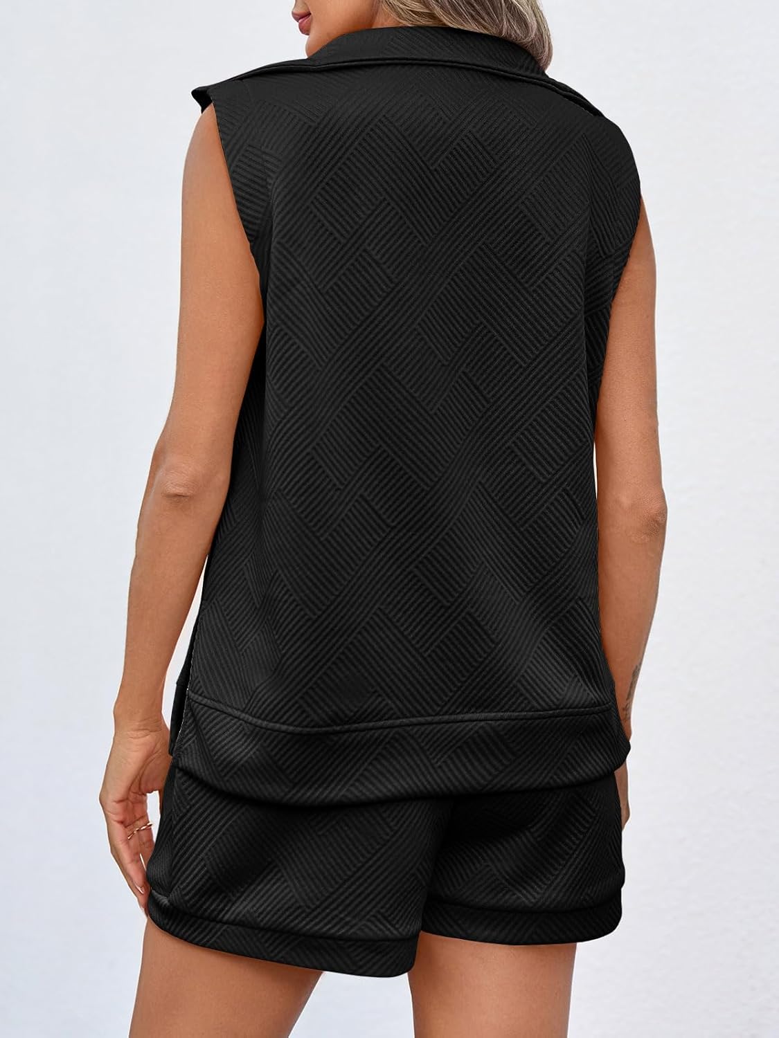 Tankaneo Womens 2 Piece Outfits Short Sets Half Zip Sleeveless Tops and Drawstring Shorts Loungewear Sweatsuit Set - Image 5