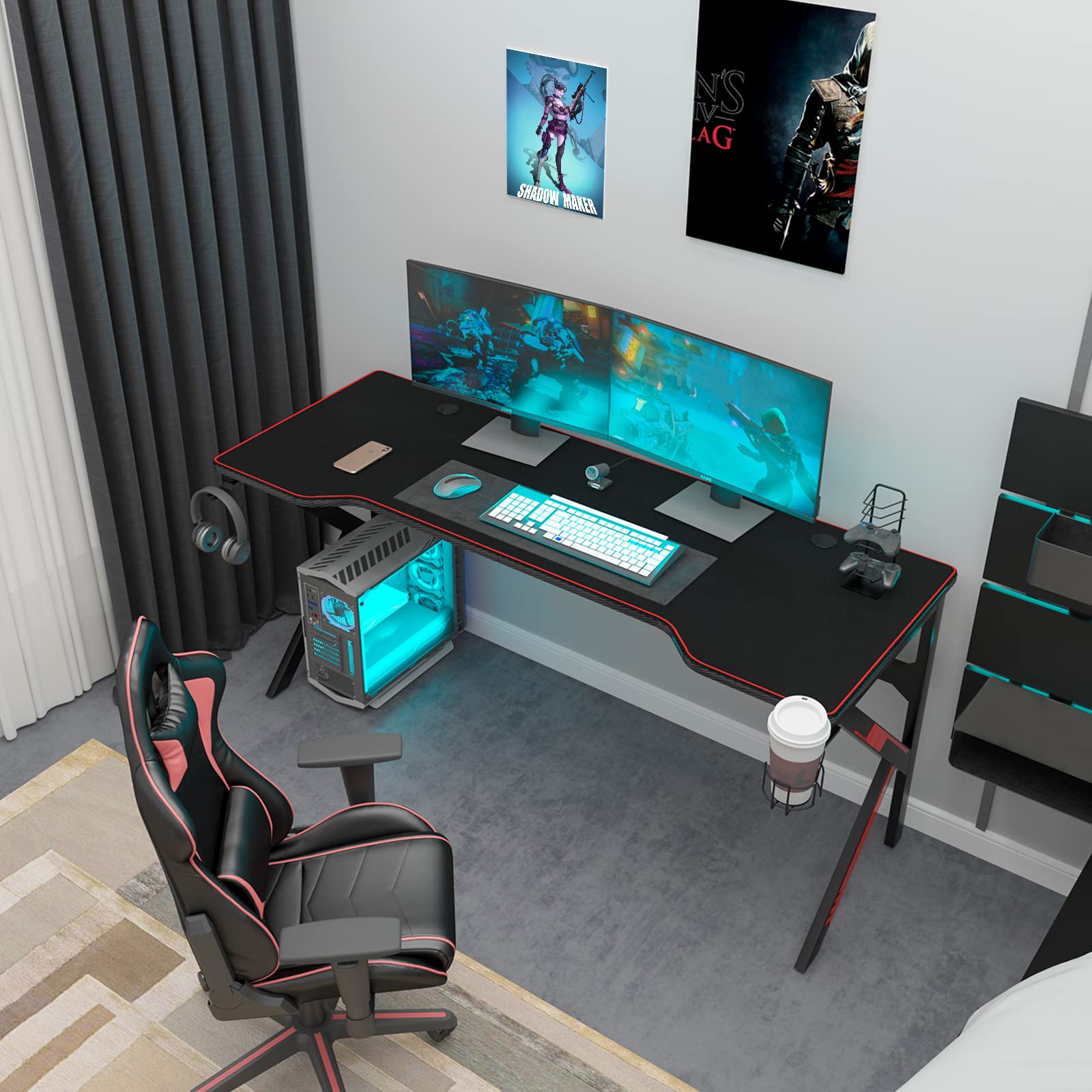 sogesfurniture Scrivania per Computer da Gioco,con ampio tappetino per mouse gratuito, supporto per maniglia da gioco USB, portabicchieri e gancio per cuffie, 160x60x75cm, BHEU-LJ-1909-160all