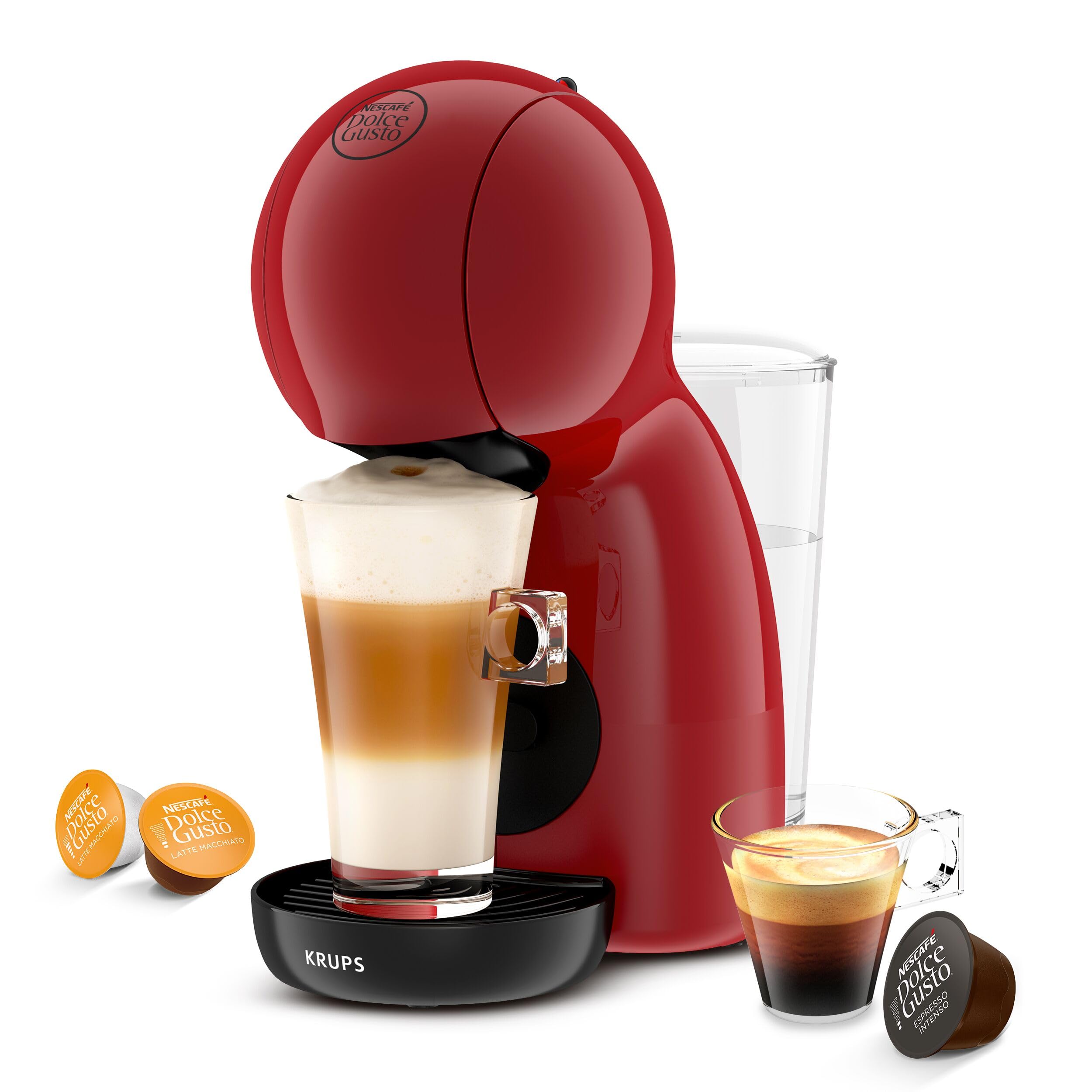 Krups Piccolo KP1A05 - Cafetera cápsulas Dolce Gusto, 15 bares y 1500 W, con depósito de 0.8 l, monodosis multibebidas frías y calientes, manual, Rojo + 3 Packs Café Intenso