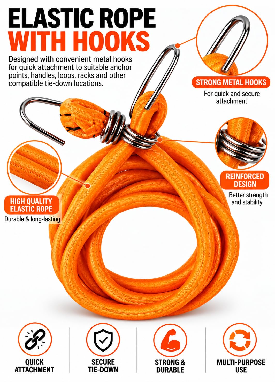 Gellon Bungee Cord, 6 Feet Stretchable Elastic Rope with Hooks, Extends Up to 9 Feet, Luggage Tying Rope for Bike, Car, Travel & Utility Pack of 1 — Amazon image 3