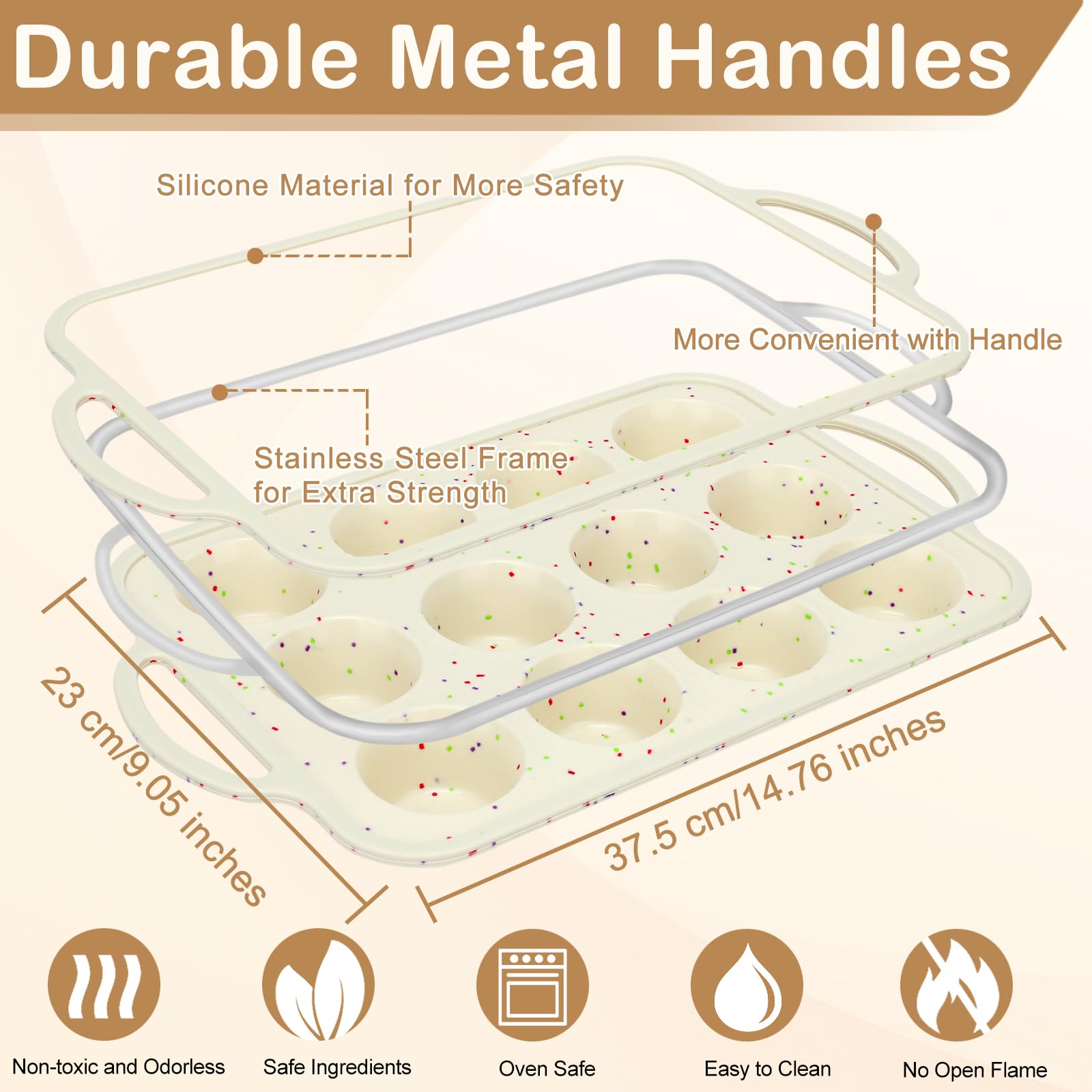 Mototo Silicone Muffin Pan Set of 3-12 Cups Cupcake Baking Mold with Metal Frame Nonstick BPA Free Silicone Cupcake Pan with Handle For Baking Muffin Tray for Egg Bite, Cornbread, Brownies, Cream