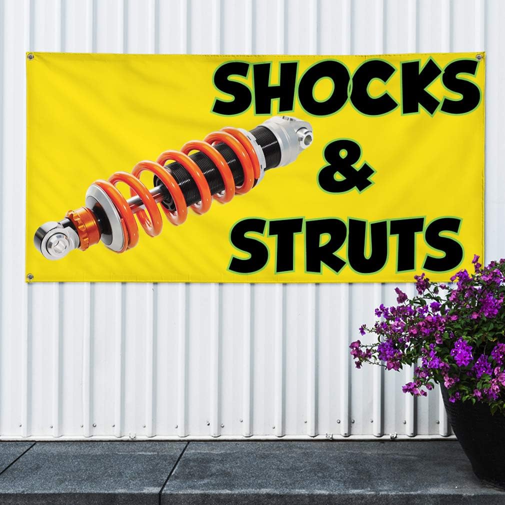 Vinyl Banner Sign Shocks & Struts #1 Style L Automotive Marketing Advertising Yellow - 24inx60in, 4 Grommets, One Banner