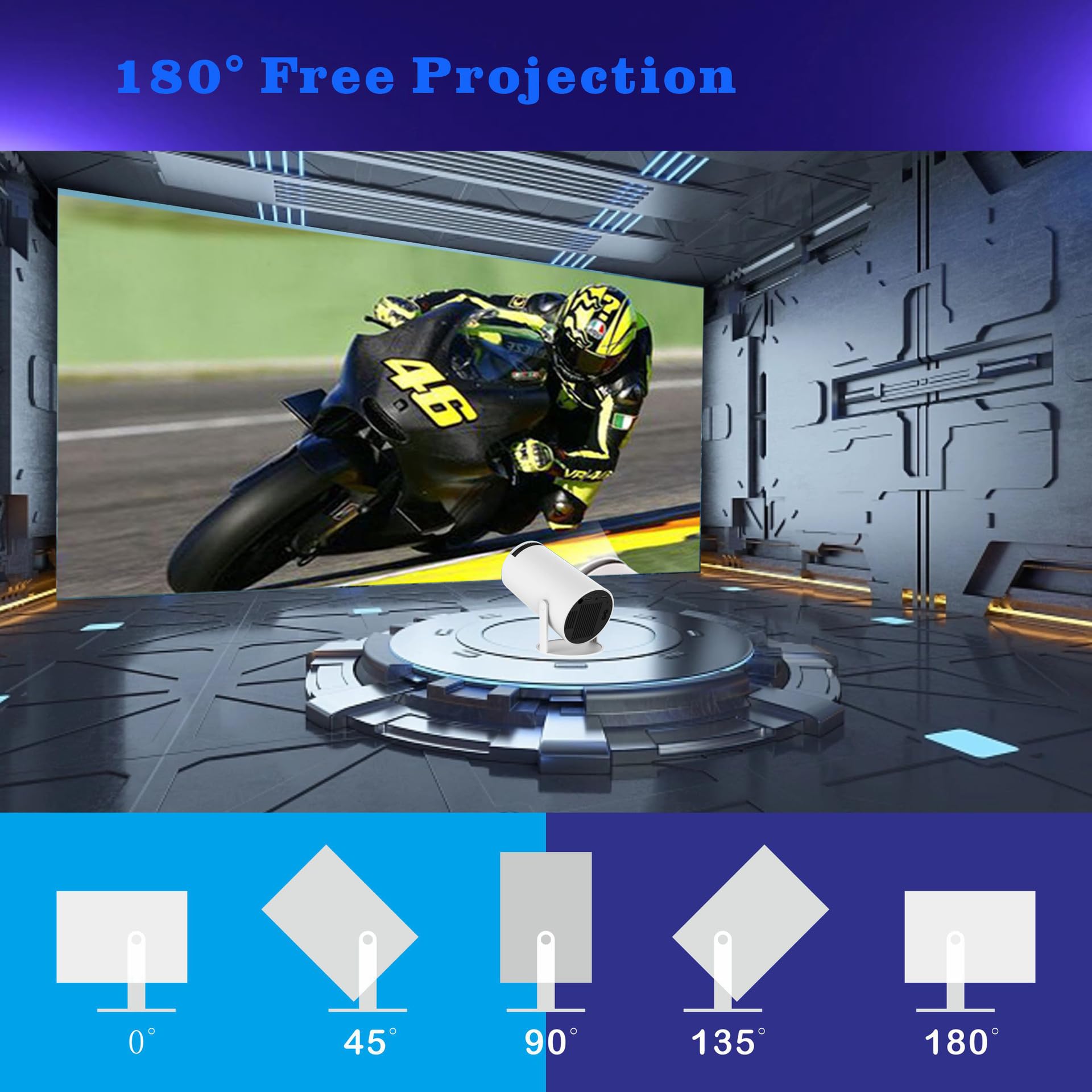 Mini projecteur Bluetooth WiFi portable 4K avec correction automatique de la distorsion, rotation à 180°, écran 130", Android 11, 5G double bande, projecteur de films pour la maison
