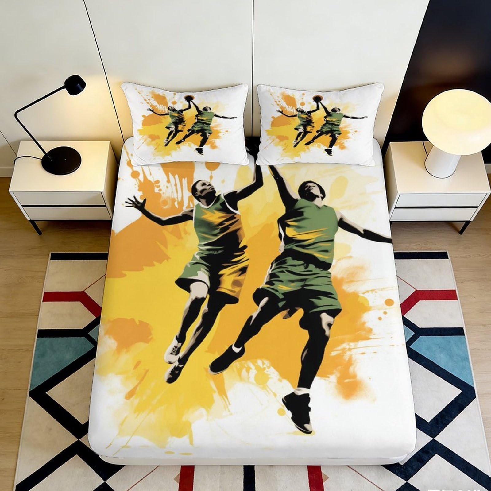 3D Printed Basketball Fitted Sheet Microfiber Deep Pocket Bedroom Set Basketball Mattress Fitted Cover Non-Slip Washable 140x200x25cm
