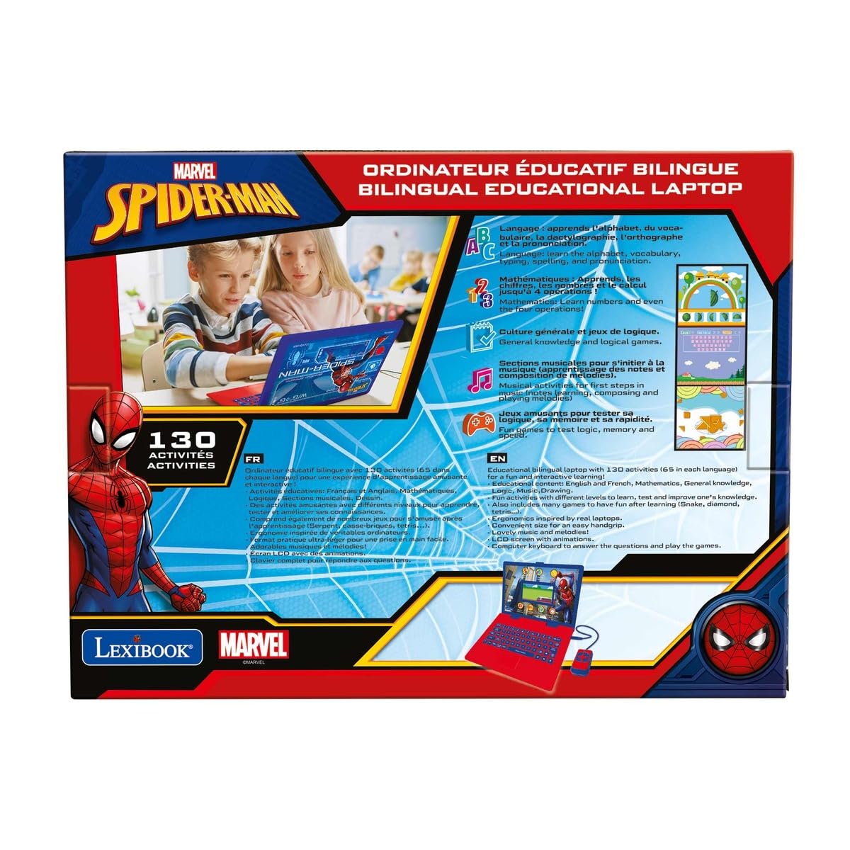 Lexibook Spider-Man - Ordenador portátil Educativo bilingüe (130 Actividades de Aprendizaje, matemáticas, Idiomas, lógica, Juegos y música, JC798SPi1LXB
