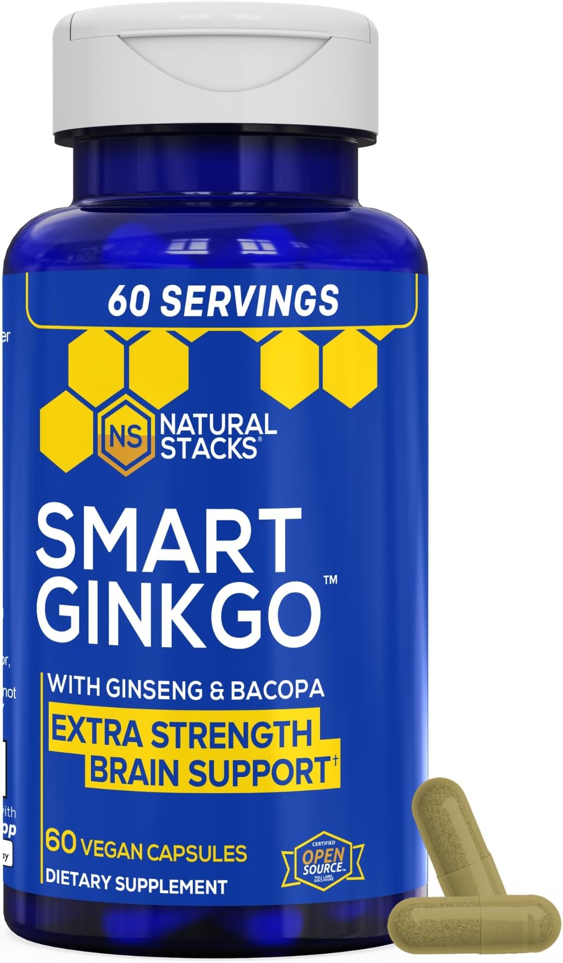 NATURAL STACKS Ginkgo Biloba Supplement with 200mg Panax Ginseng & 200mg Bacopa Monnieri - Brain Supplements for Memory and Focus - Korean Ginseng for Brain Health Support - 60 Ginkgo Biloba Capsules