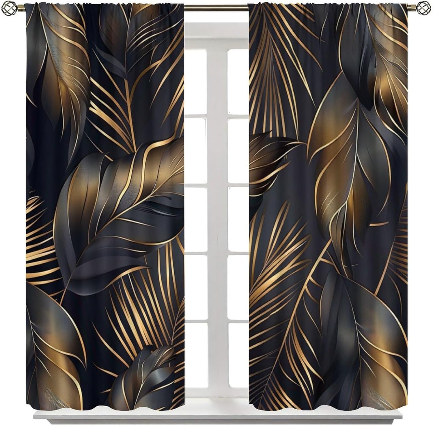 Art Deco Leaves Blackout Curtains, Golden Leaf Plant Home Decor Rod Pocket Window Drapes for Living Room Bedroom- 2 Panels, Each 21" W x 45" L