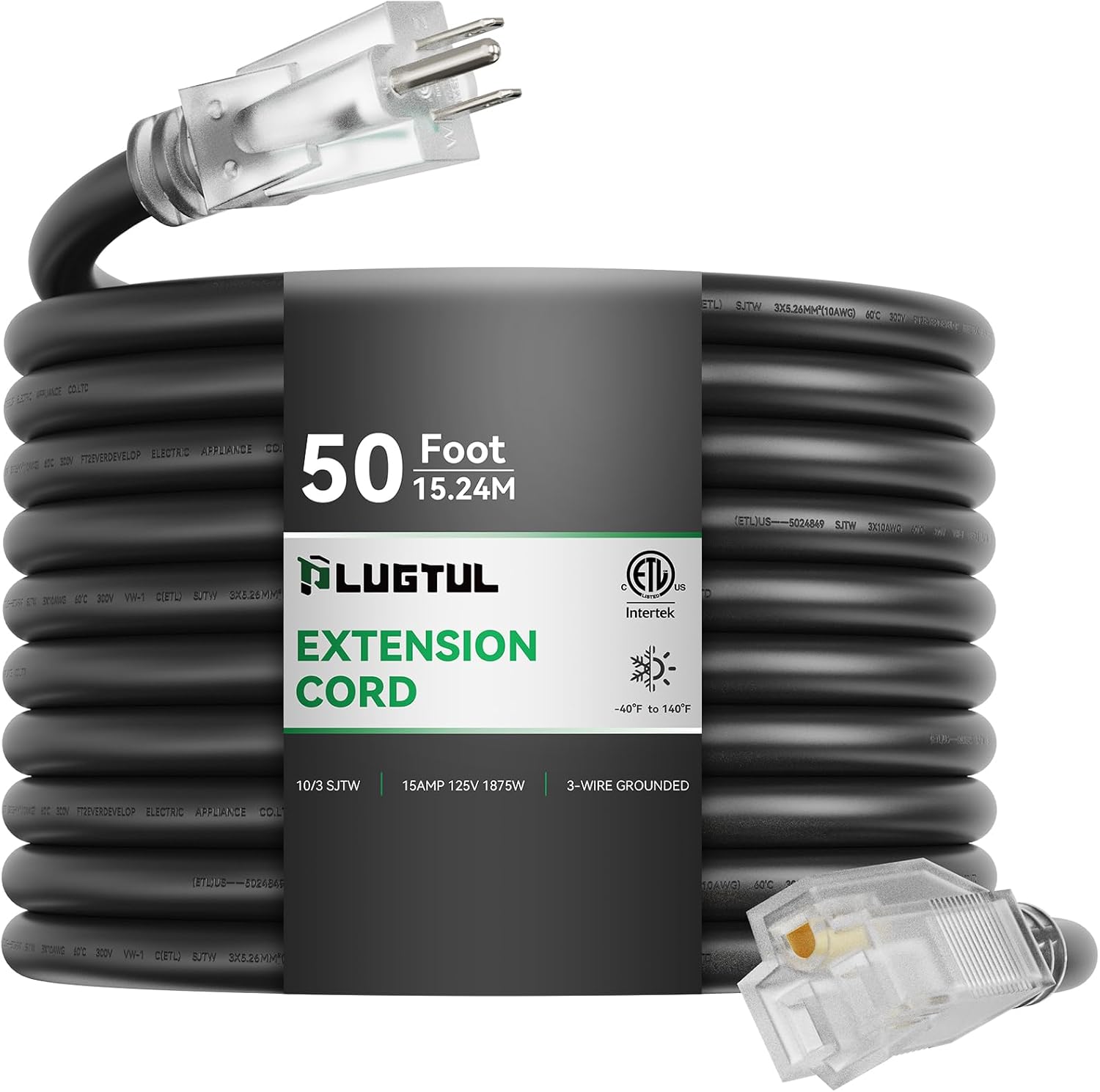PLUGTUL 10 Gauge Extension Cord 50FT, Black Outdoor Extension Cord with Lighted End, Heavy Duty,15A 1875W SJTW, ETL Listed