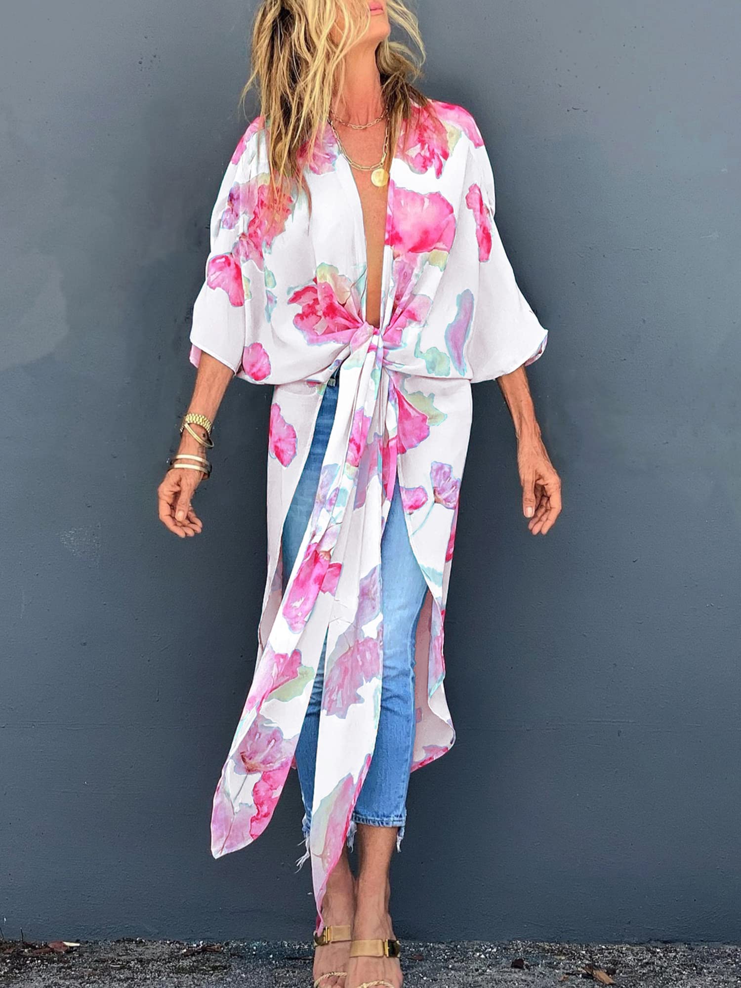 Chunoy Damski kwiatowy nadruk lekki szyfonowy kimono kardigan z krótkim rękawem luźna odzież plażowa okrycie bluzka top