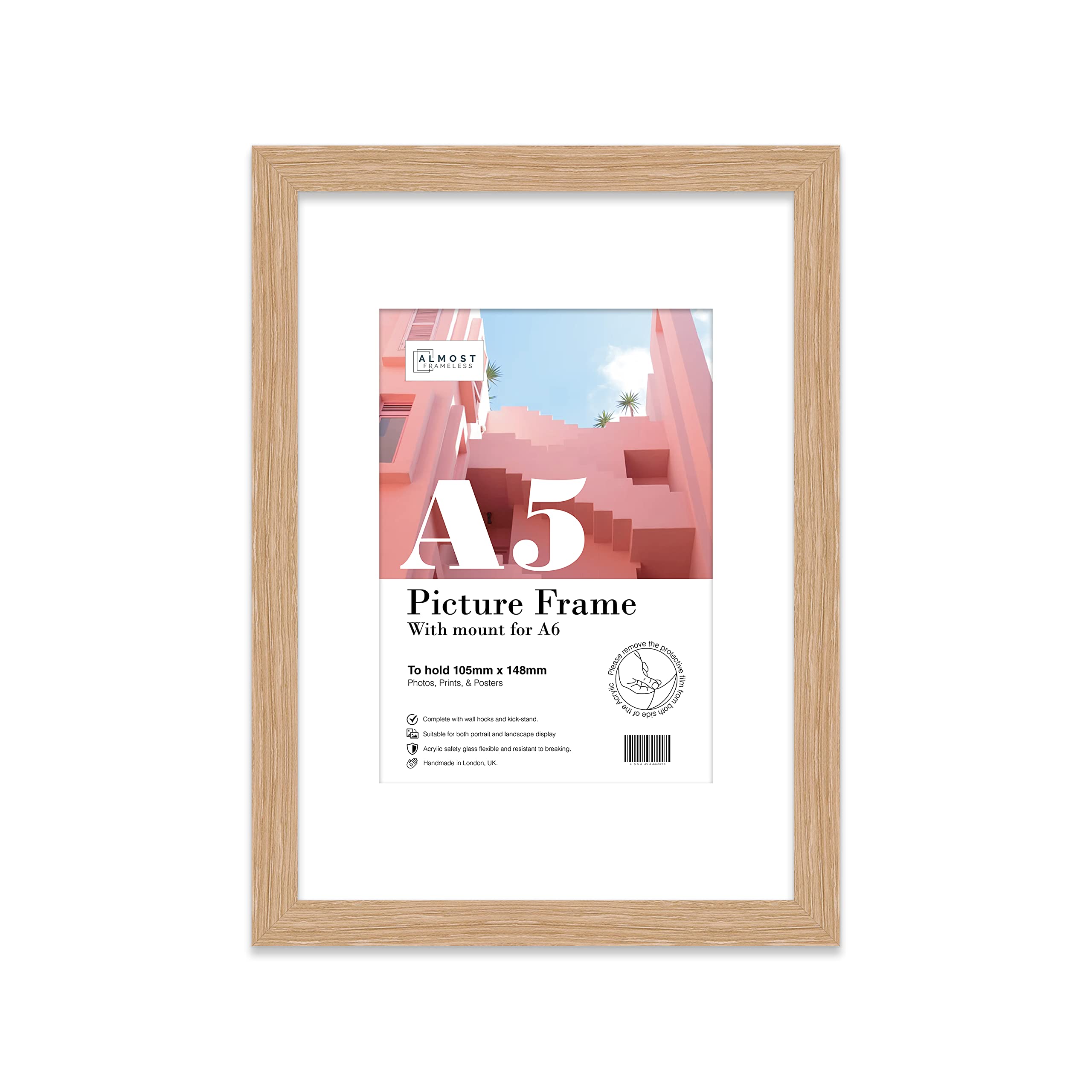 Almost Frameless A5 Oak Picture Frame With Mount for A6 (10.5 x 14.8cm - 4.1 x 5.8in) Poster, Photo, Artwork, or Print. Thin Edge Slim Frame Portrait and Landscape Display with Wall Hooks
