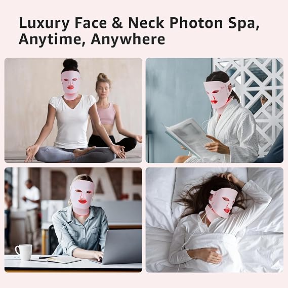 Red Light Therapy Mask for Face and Neck, 7 Colors with NIR Led Face Mask Light Therapy with Eye Protection and Remote, Rechargeable Ergonomic Design for True Anti-Aging Skincare at Home