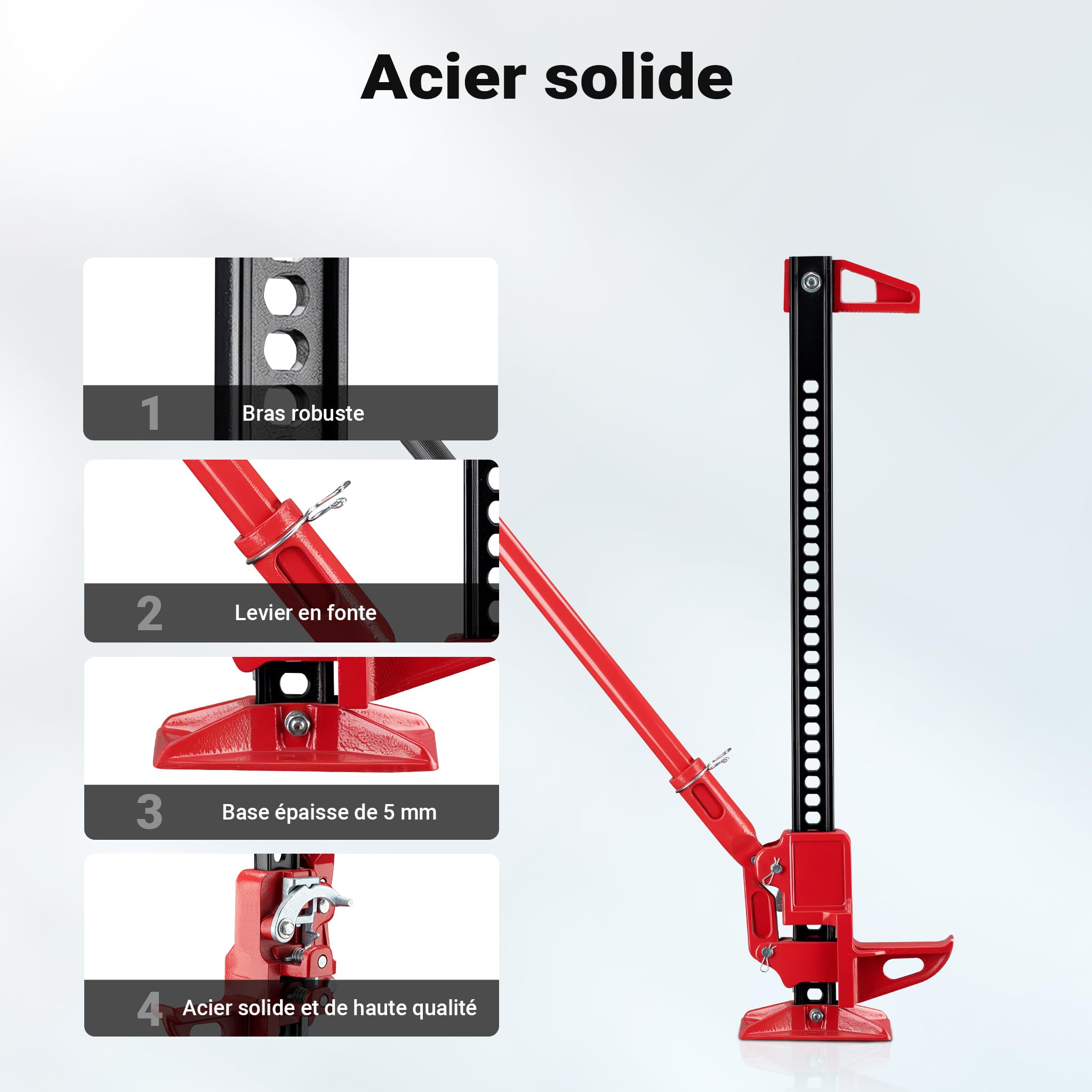 WilTec Cric Farm Jack, Charge Max. 3000 kg, Acier et Fer de Fonte, Hauteur de Levage 12,2-76 cm, Cric à crémaillère pour Dépannage Véhicule embourbé – Tout-Terrain 4x4 ATV