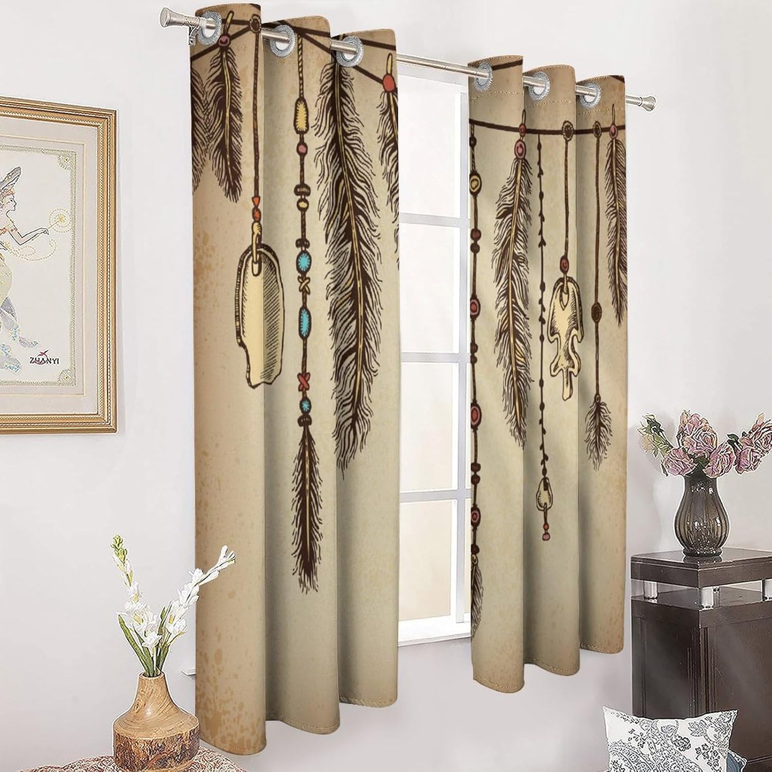 Retro Indian Feathers Curtains for Kitchen, Native American Ethnic Tribal Totem Bone Slices Print Decor Vintage Window Treatments, Grommet Blackout Drapes for Boys Man Room, 52x84inch (2 Panels)