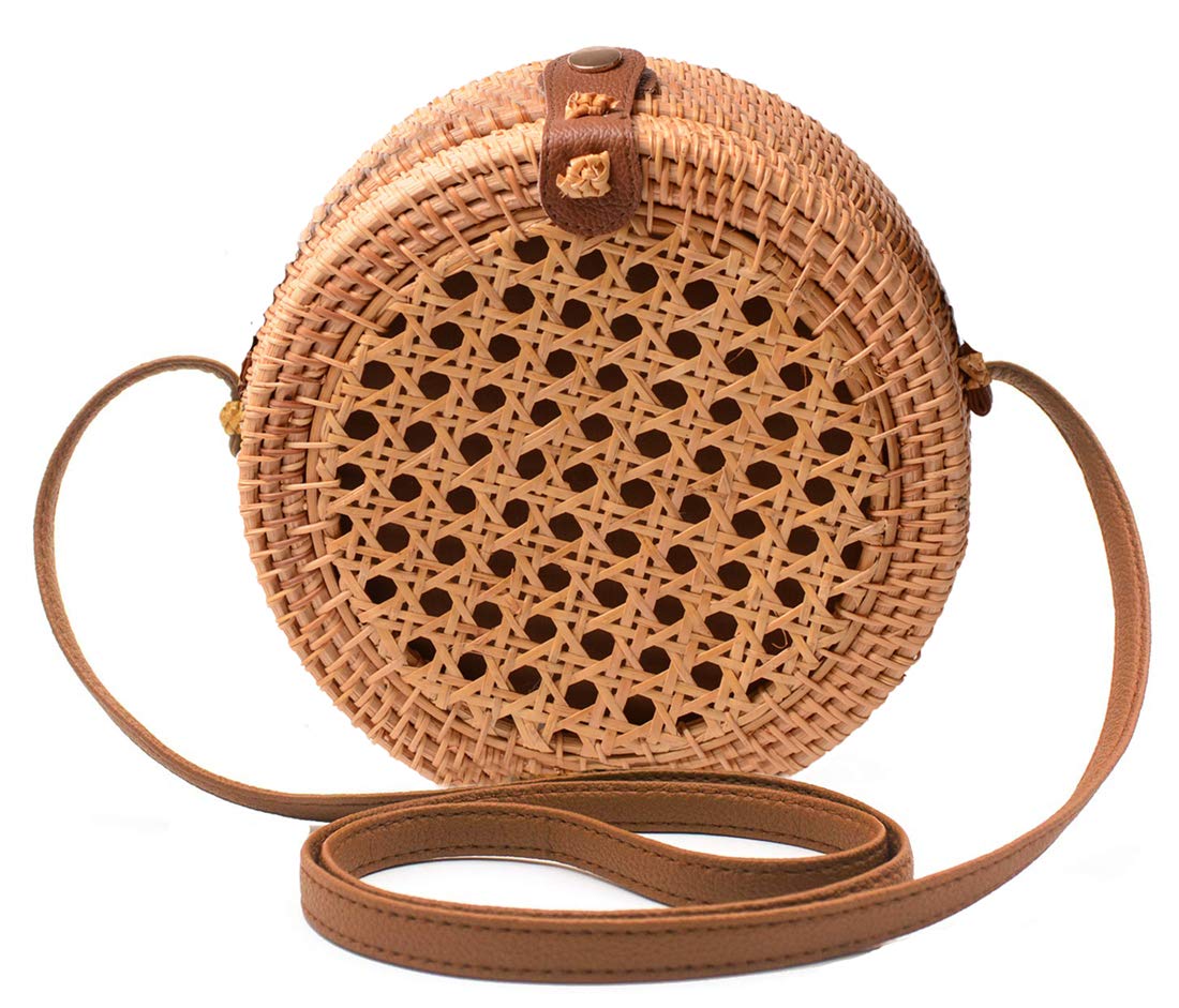 Handwoven Round Rattan Bag Shoulder Leather Straps Natural Chic Hand