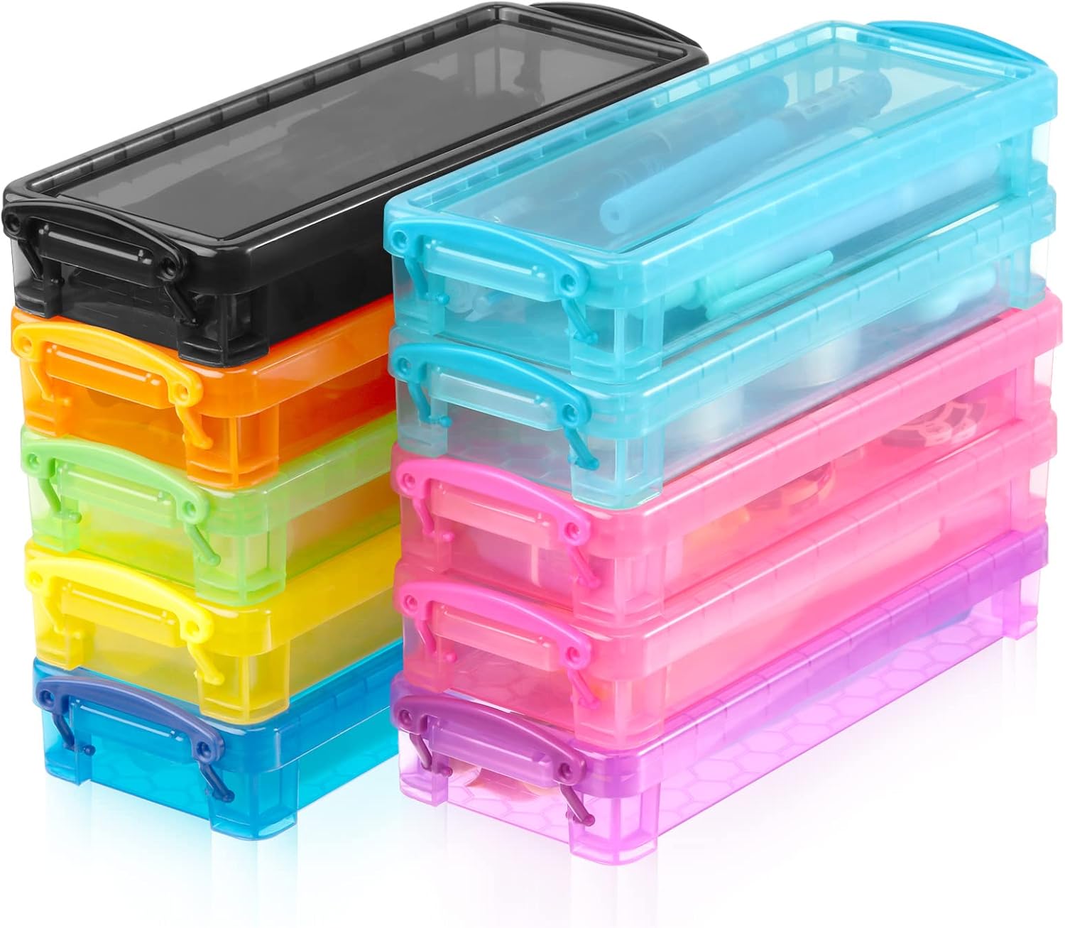 Glenmal 10 Packs Plastic Pencil Box Stackable Pencil Case Bulk Crayon Box with Snap Tight Lid Plastic Brush Painting Storage Organizer for School Office Home Supplies (Colorful) Colorful 10
