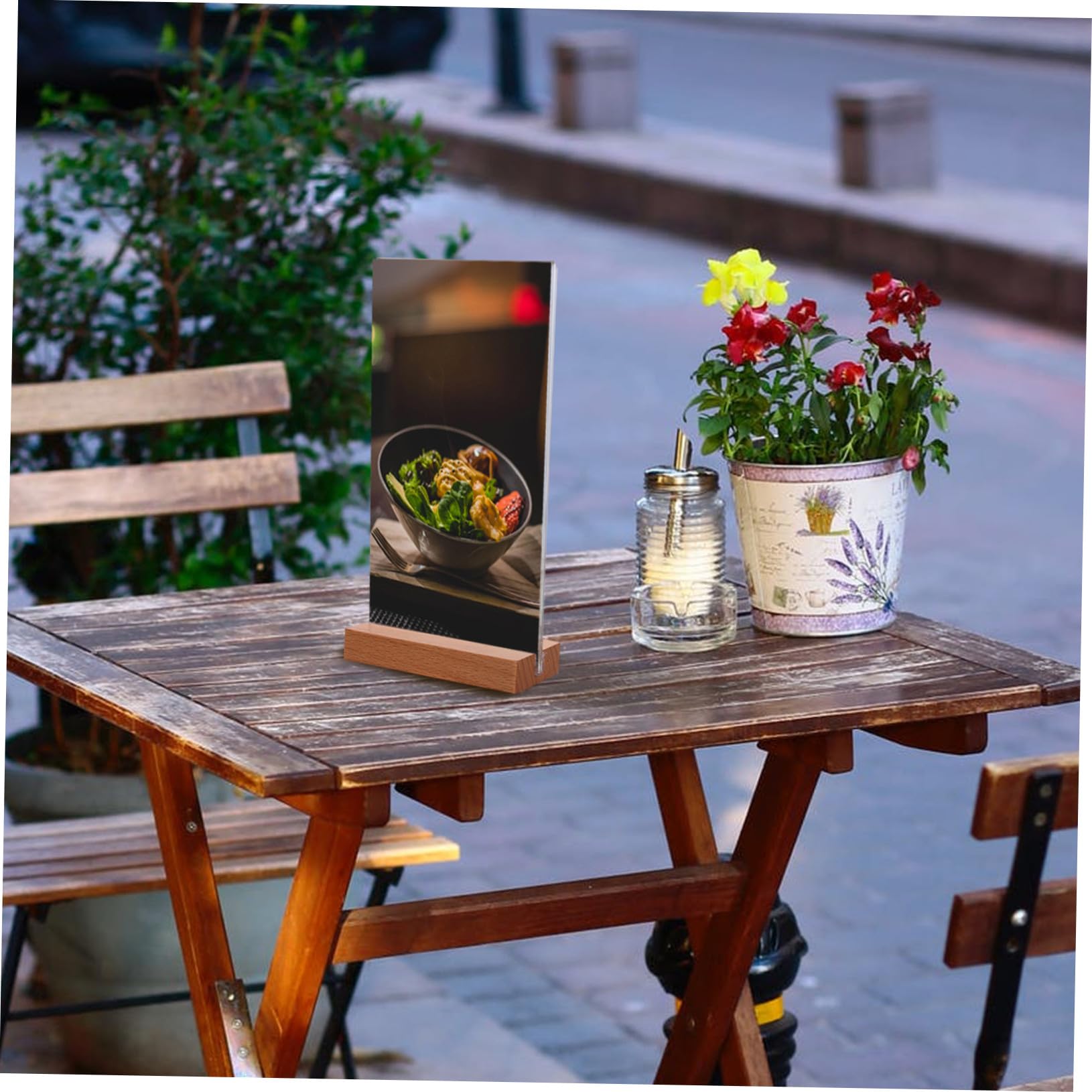 5 Piezas Soporte para Carteles Acrílico Transparente con Base Madera Exhibidor T Doble Cara para Menús Soporte Plástico para Publicidad Restaurantes Bodas y Tiendas de Unidades