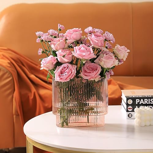 Miniatura 9 de Jarrón de vidrio acanalado, jarrón de vidrio rosa, florero de vidrio estriado, florero acanalado, jarrón rosa, jarrón moderno para sala de estar,