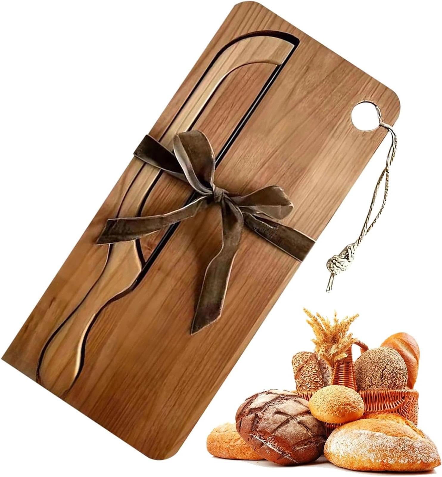 Brotschneider-Set mit Messer und Schneidebrett, manueller Schneider für Sauerteig und Bagels, beidhändiges Design mit Auffangschale, sicher für linke und rechte Hand, 39 cm Holzstation
