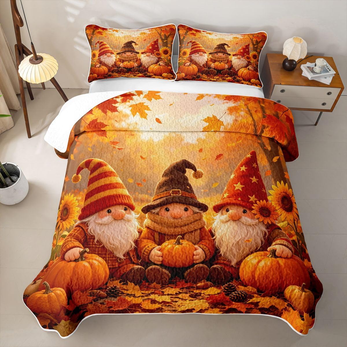 Fall Pumpkin Quilt Set Queen Size,Christian Bible Quotes Bedding Set 3Pcs for Girls Boys Youth Room Decor,Sunflower Maple Leaves Quilted Bedspread Vintage Country Wooden Coverlet,2 Pillow Shams