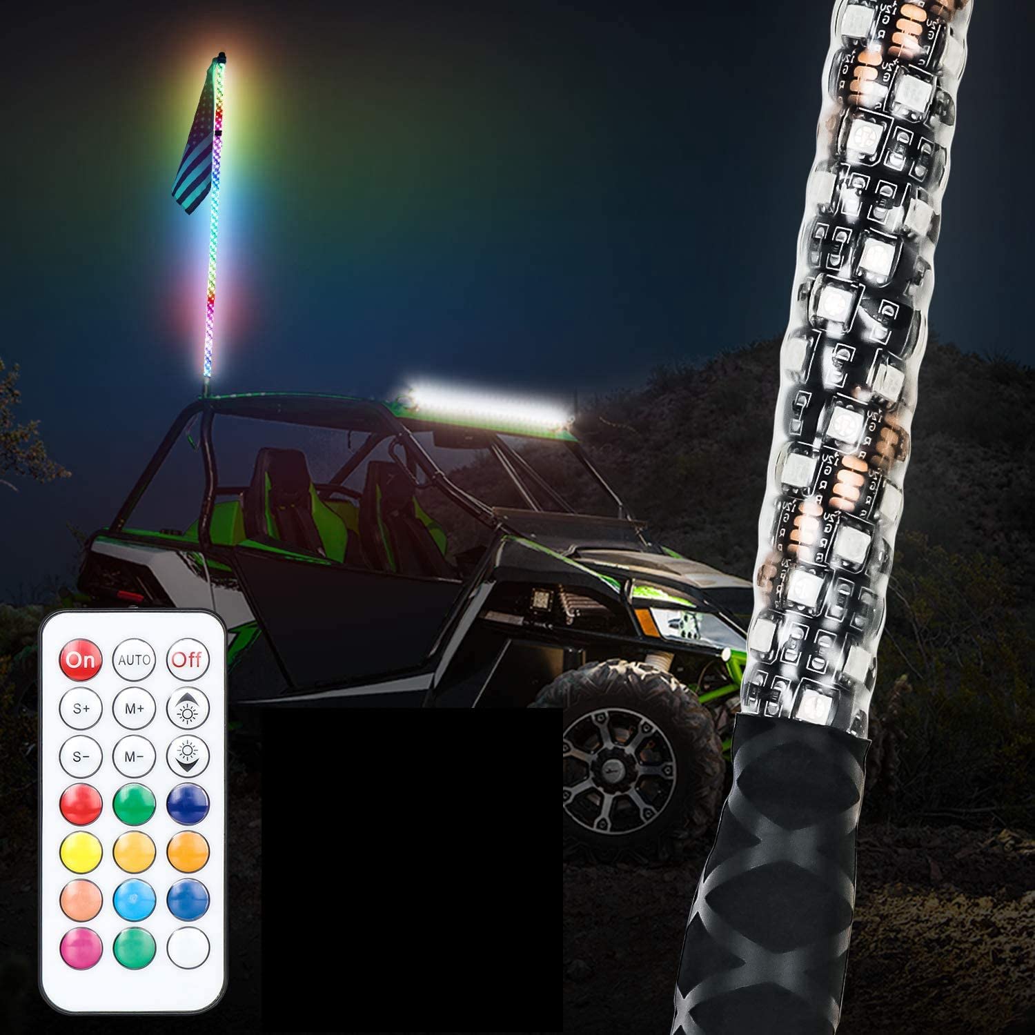 5ft LED Whip Lights, FIRSTGO-TECH Spiral RGB Chase Light for UTV ATV Polaris RZR 4 Wheeler Buggy Dune, Wireless Remote LED Antenna Whips with Flag