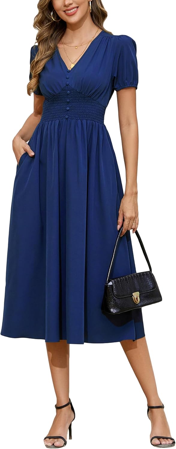 Kormei Women Casual Boho V Neck Short Sleeve Smocked Waist A Line Pocket Swing Midi Long Dress