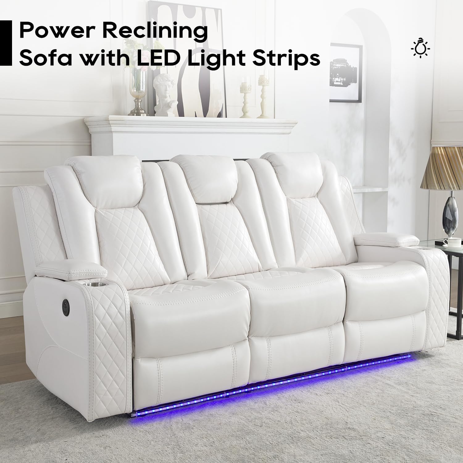 Power Reclining Sofa Couch with Wireless Charger, 3 Seaters with Recliner with Reading Light, Leather Electric 3 Seat Sofa Sectional Set for Living Room, Home Theater Seating with LED Lights, White