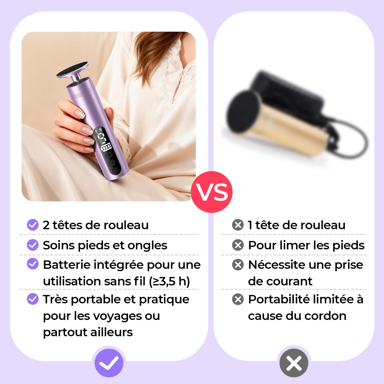 Rapeuse Pieds Électrique Puissante, 2-en-1 Ponceuse Pieds et Lime Ongles avec Écran LED, 9 Vitesses, Rechargeable, Kit Pédicure Professionnel pour Callosités, Peaux Mortes et Talons Fissurés, Violet