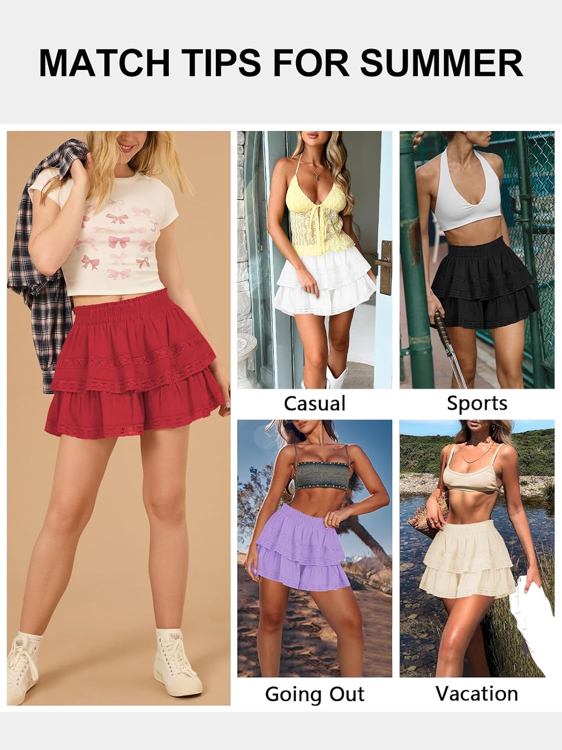 Women's Flowy Summer Shorts for Women Lace Layered Ruffle Pleated High Waist Mini Skirts Casual Swing Beach Skorts - Image 5