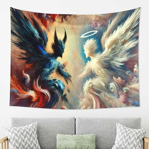 Miniatura 12 de FAMEMBERPERS Tapices de ángel y diablo de 60 x 60 pulgadas, tapices buenos y malvados, decoración del hogar para fiestas, colgantes de pared de